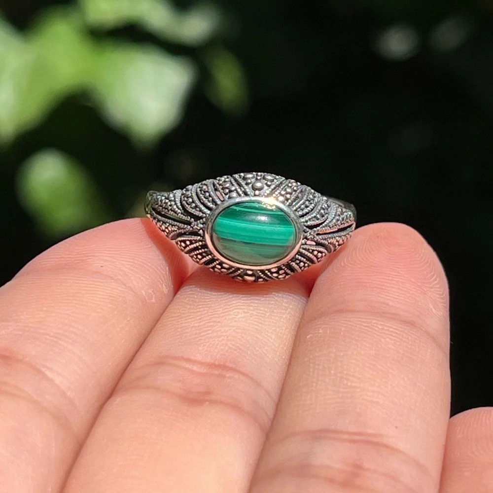 Sterling silver adjustable natural malachite ring‎